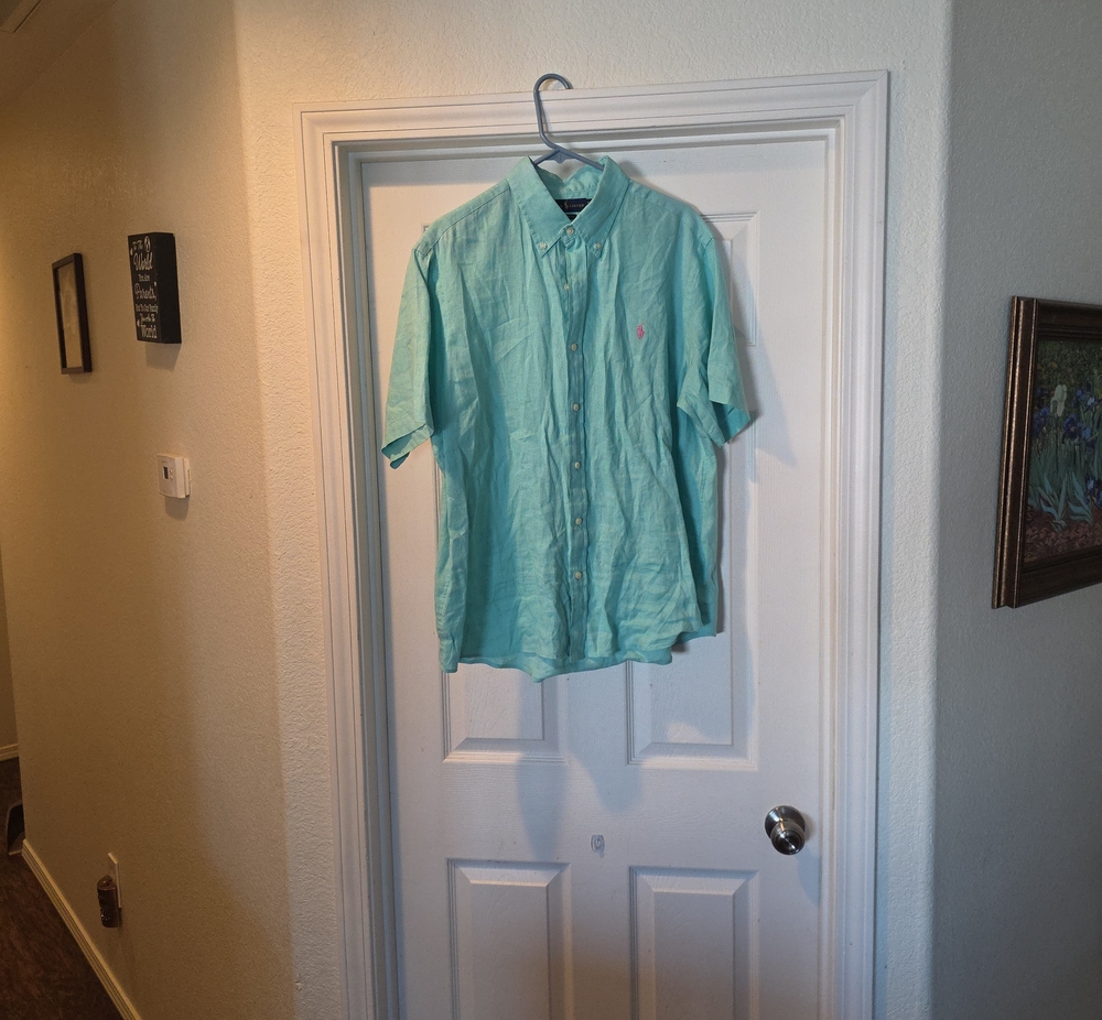 Ralph Lauren Light Teal Short-Sleeve Button-Down Shirt Linen